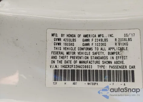 2017 Honda Accord Lx z USA, uszkodzony, nr VIN 1HGCR2F32HA238603